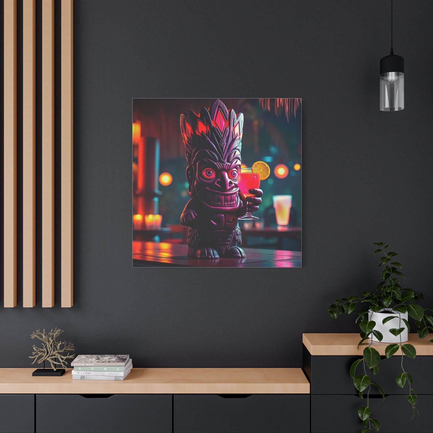 Canvas Print, Exotic Tiki Statue with Drink, Tiki Location Art, Home Decor, Wall Art, Tropical Print, Tiki Decor