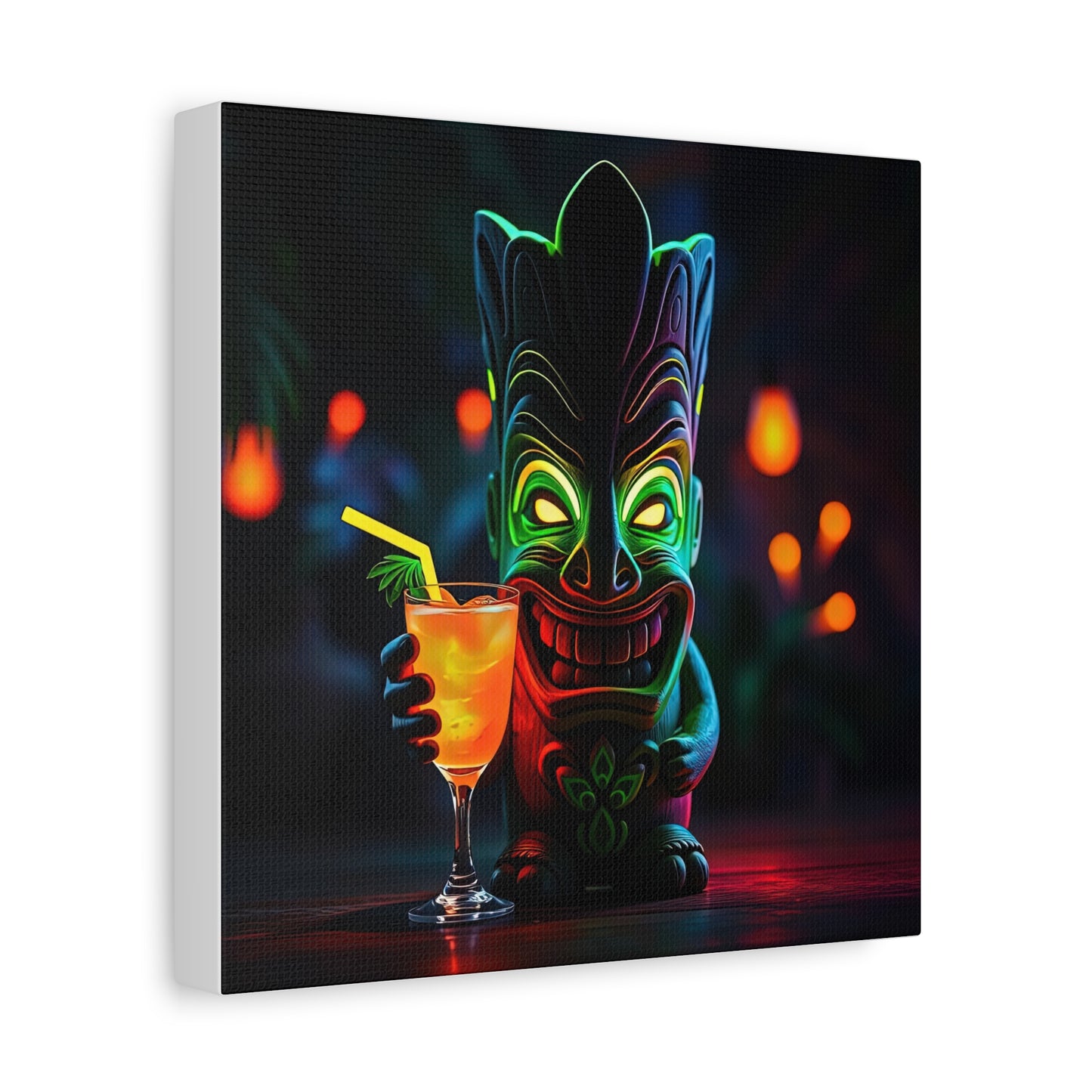 Canvas Print, Tiki Statue Tropical Paradise Wall Art Decor, Exotic Drink, Matte, Stretched, 1 25", Hawaiian Home Decor, Island Vibes,