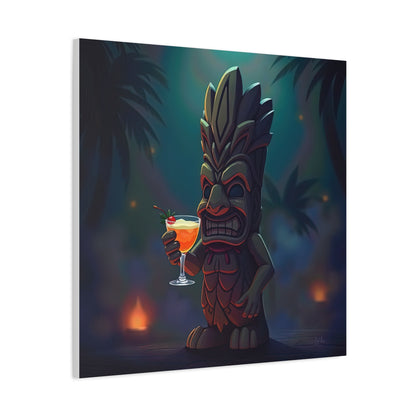 Canvas Print, Tiki Statue Holding Exotic Drink Tropical Night Scene, Wall Art Decor, Beach House Decor, Home Office Decoration, Island Vibes