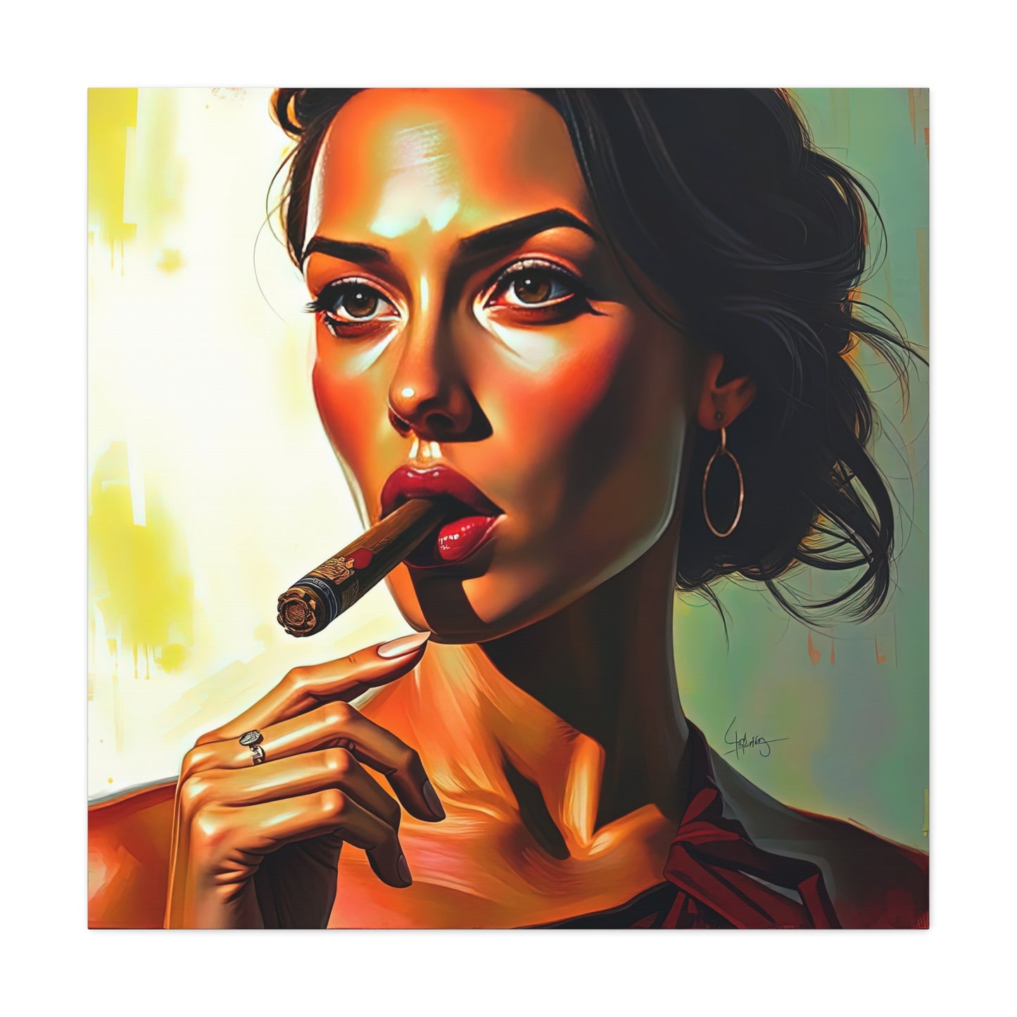 Canvas Wall Art, Pinup Woman Smoking Cigar for Man Cave, Cigar Aficionados, Retro Art Decor, Pinup Art Print, Wall Decor
