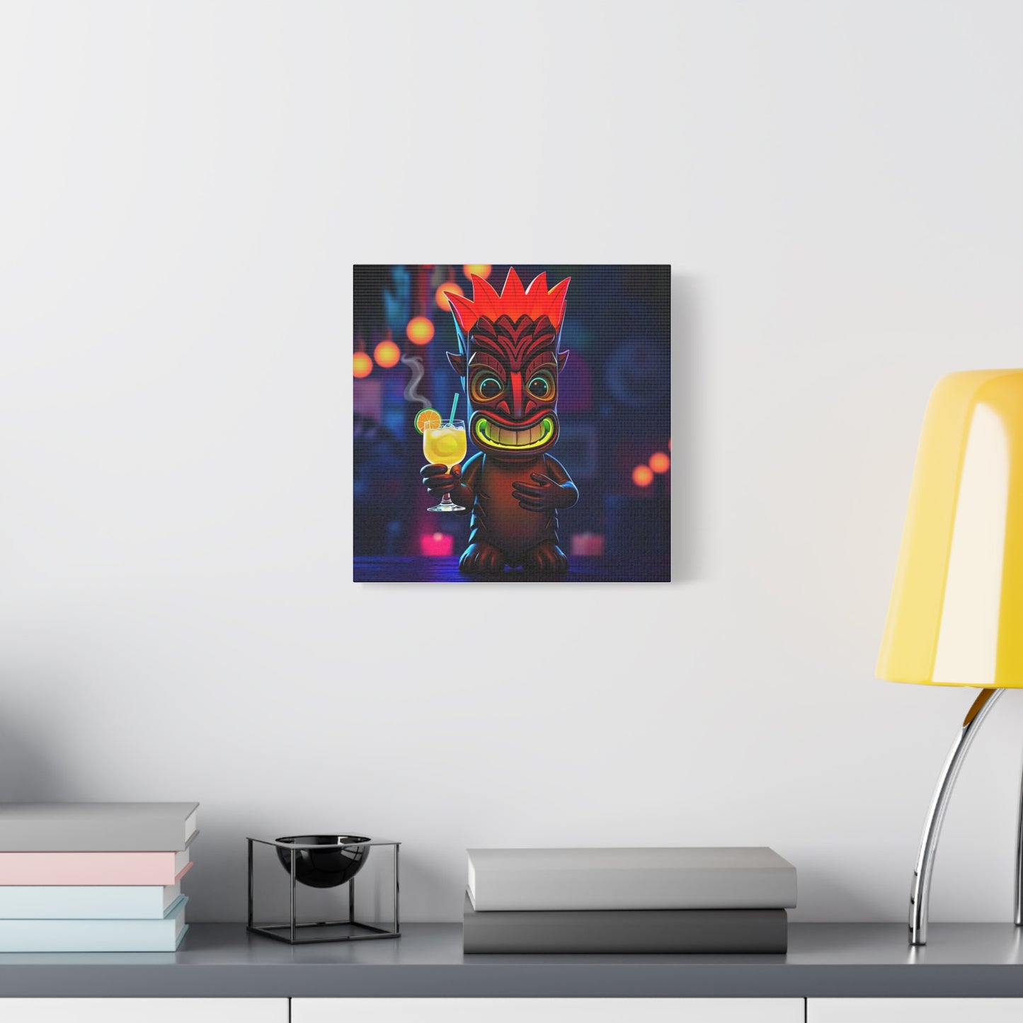 Canvas Print, Exotic Tiki Location with Tiki Drink, Tiki Statue, Nighttime Scene, Wall Art, Home Decor, Tropical Decor