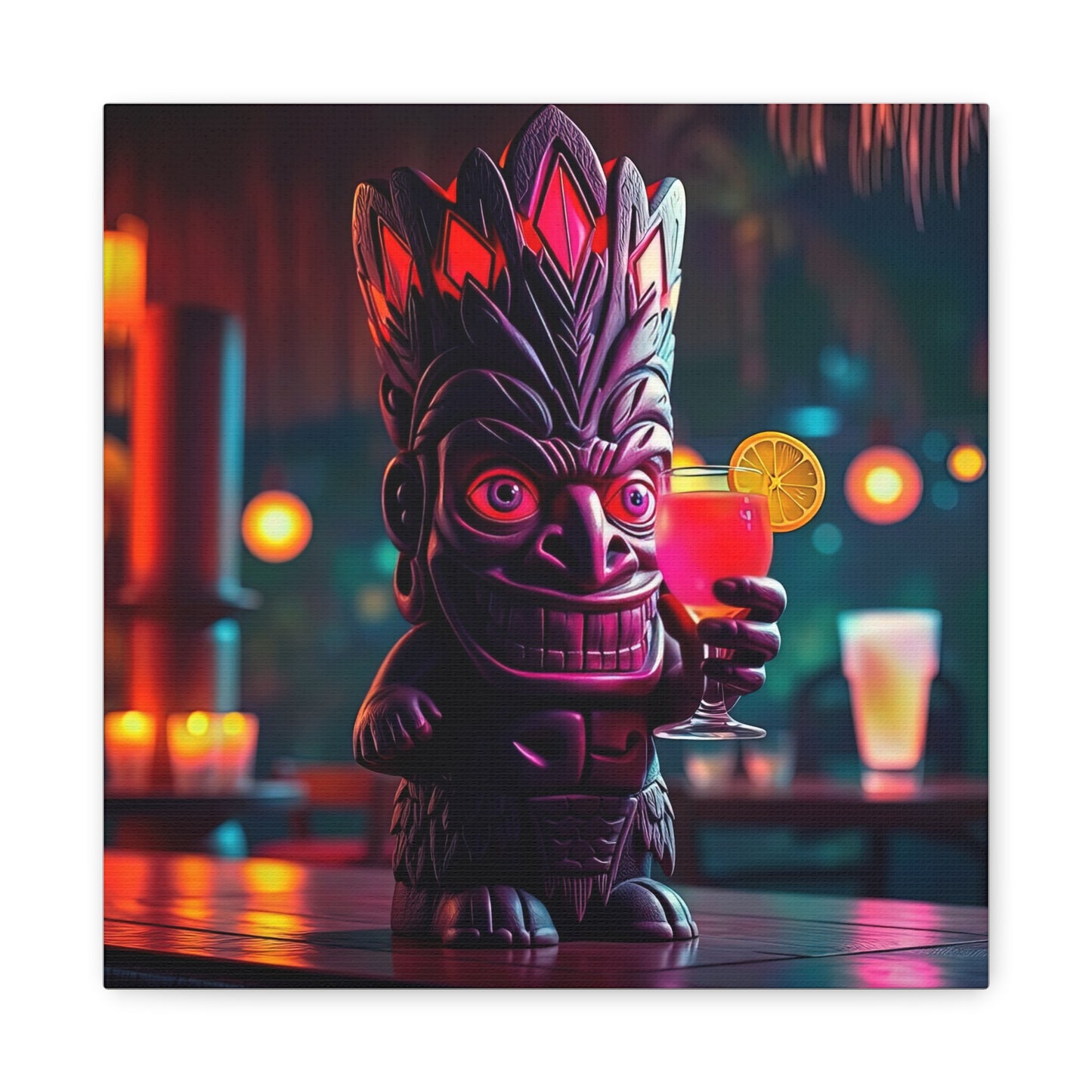 Canvas Print, Exotic Tiki Statue with Drink, Tiki Location Art, Home Decor, Wall Art, Tropical Print, Tiki Decor