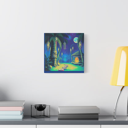 Canvas Print, Tiki Village Night Scene Wall Art, Whimsical Style, Home Decor, Gift, Tropical Artwork