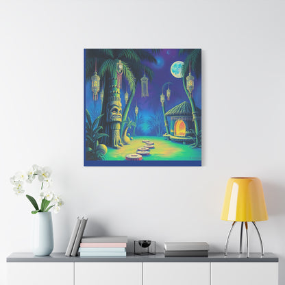 Canvas Print, Tiki Village Night Scene Wall Art, Whimsical Style, Home Decor, Gift, Tropical Artwork