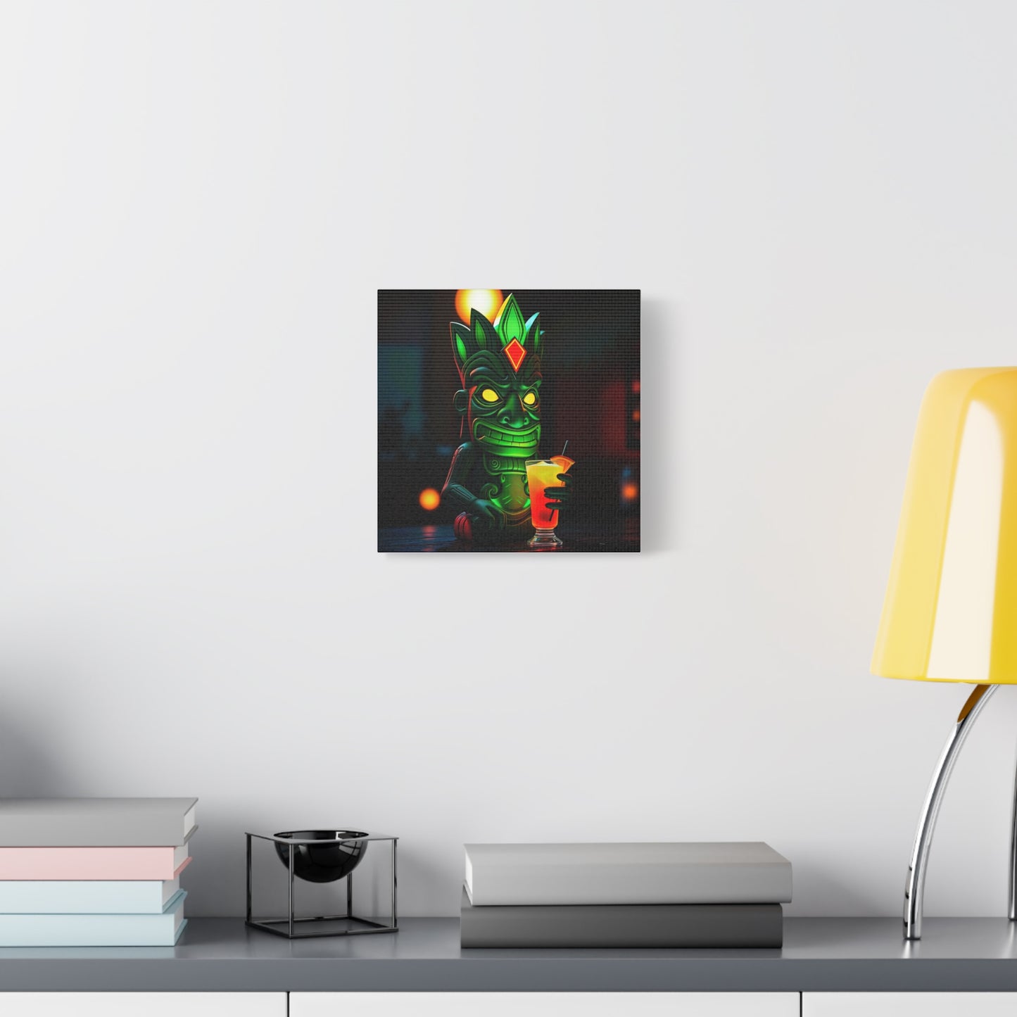 Canvas Print, Exotic Tiki Statue at Night Tropical Paradise Wall Art, Stretched Matte Print, Tiki Drink Decor, Island Vibes Home Decor,
