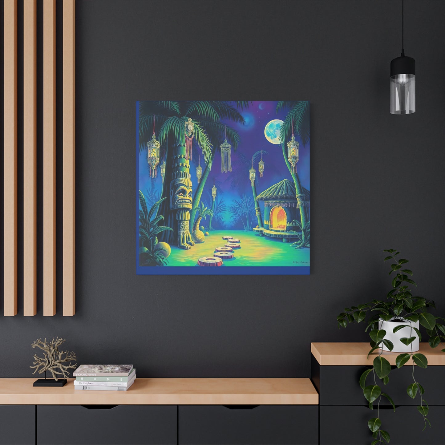 Canvas Print, Tiki Village Night Scene Wall Art, Whimsical Style, Home Decor, Gift, Tropical Artwork