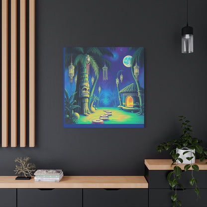 Canvas Print, Tiki Village Night Scene Wall Art, Whimsical Style, Home Decor, Gift, Tropical Artwork