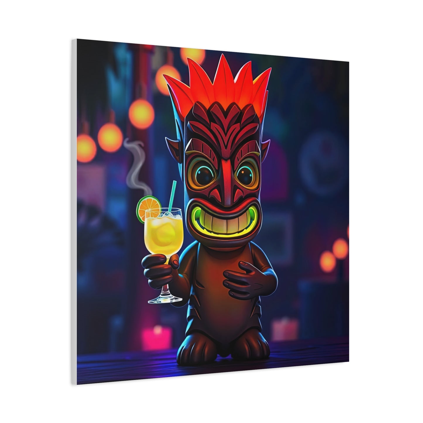 Canvas Print, Exotic Tiki Location with Tiki Drink, Tiki Statue, Nighttime Scene, Wall Art, Home Decor, Tropical Decor