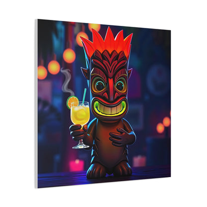 Canvas Print, Exotic Tiki Location with Tiki Drink, Tiki Statue, Nighttime Scene, Wall Art, Home Decor, Tropical Decor
