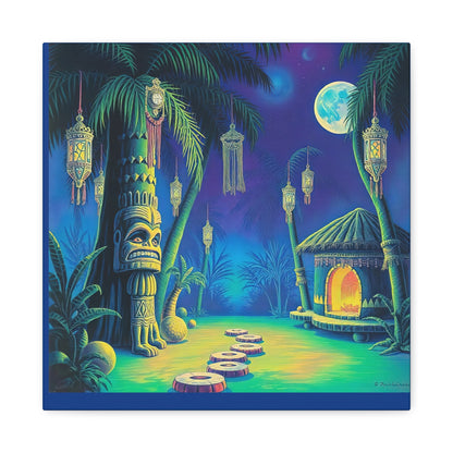 Canvas Print, Tiki Village Night Scene Wall Art, Whimsical Style, Home Decor, Gift, Tropical Artwork