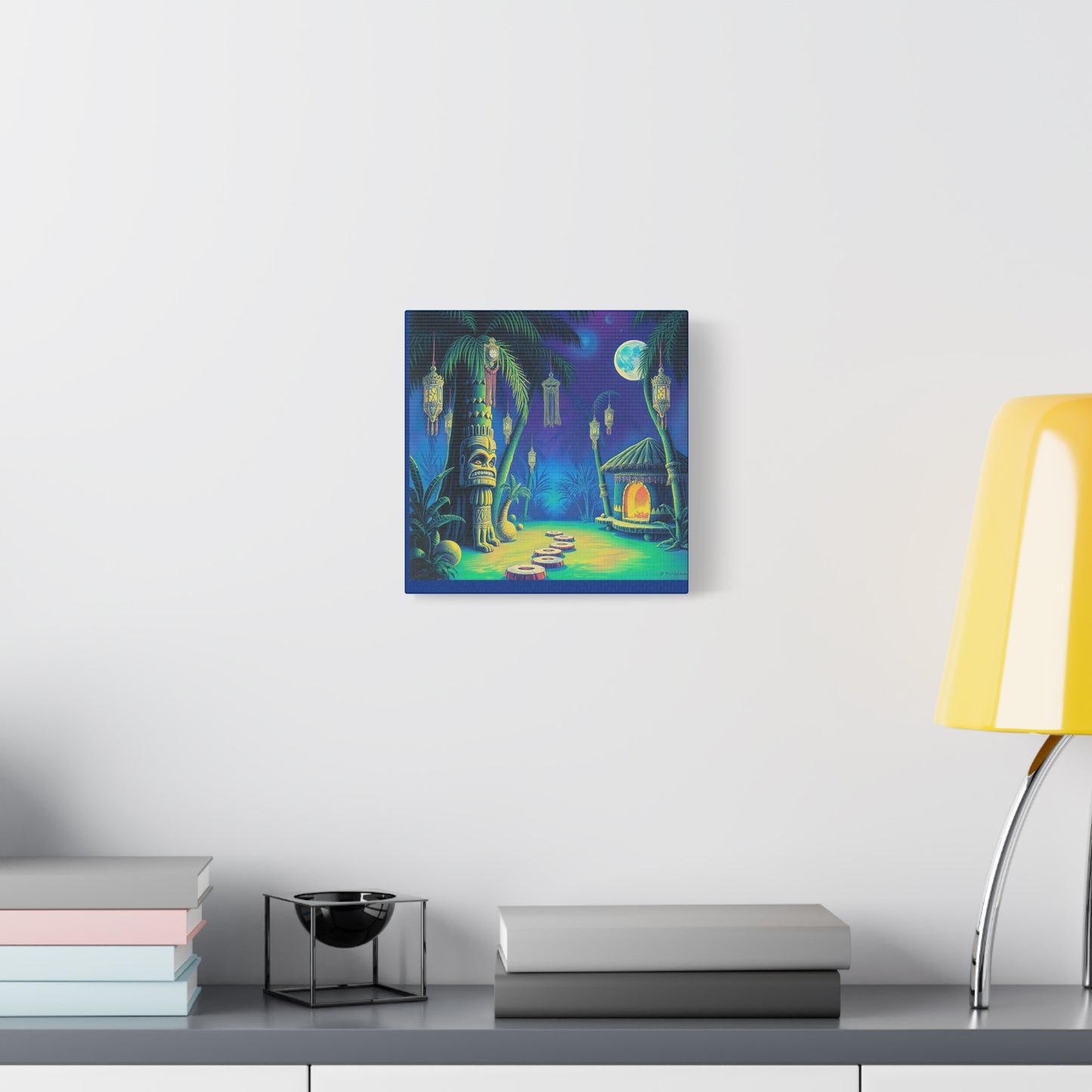Canvas Print, Tiki Village Night Scene Wall Art, Whimsical Style, Home Decor, Gift, Tropical Artwork