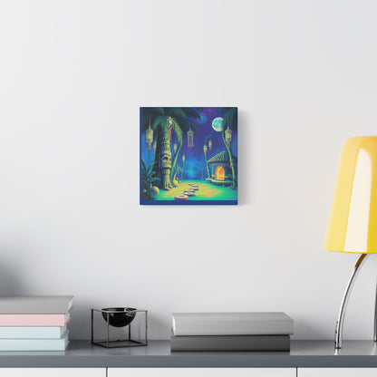 Canvas Print, Tiki Village Night Scene Wall Art, Whimsical Style, Home Decor, Gift, Tropical Artwork