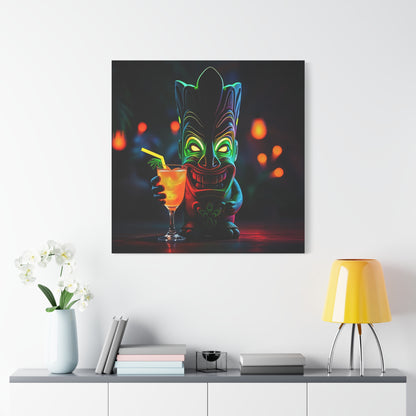 Canvas Print, Tiki Statue Tropical Paradise Wall Art Decor, Exotic Drink, Matte, Stretched, 1 25", Hawaiian Home Decor, Island Vibes,