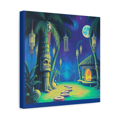 Canvas Print, Tiki Village Night Scene Wall Art, Whimsical Style, Home Decor, Gift, Tropical Artwork