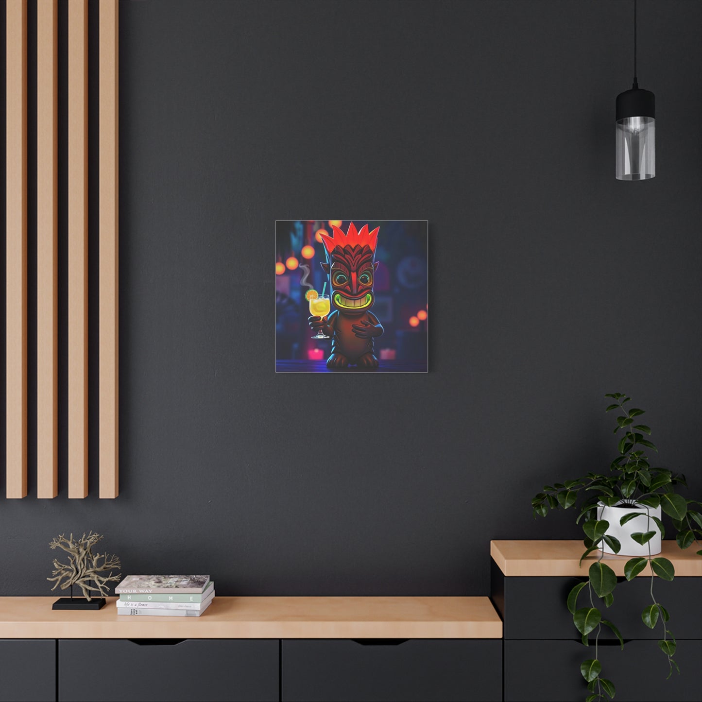 Canvas Print, Exotic Tiki Location with Tiki Drink, Tiki Statue, Nighttime Scene, Wall Art, Home Decor, Tropical Decor