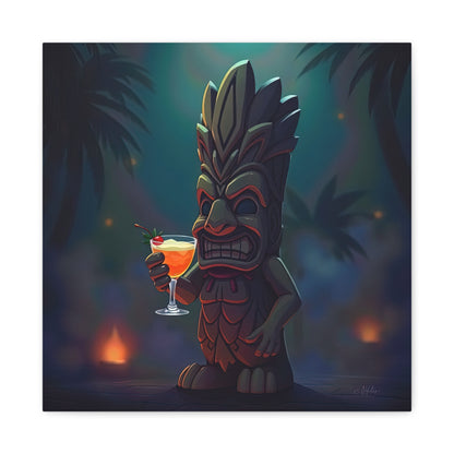 Canvas Print, Tiki Statue Holding Exotic Drink Tropical Night Scene, Wall Art Decor, Beach House Decor, Home Office Decoration, Island Vibes