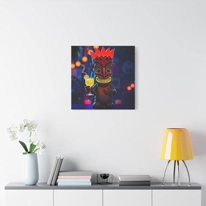 Canvas Print, Exotic Tiki Location with Tiki Drink, Tiki Statue, Nighttime Scene, Wall Art, Home Decor, Tropical Decor