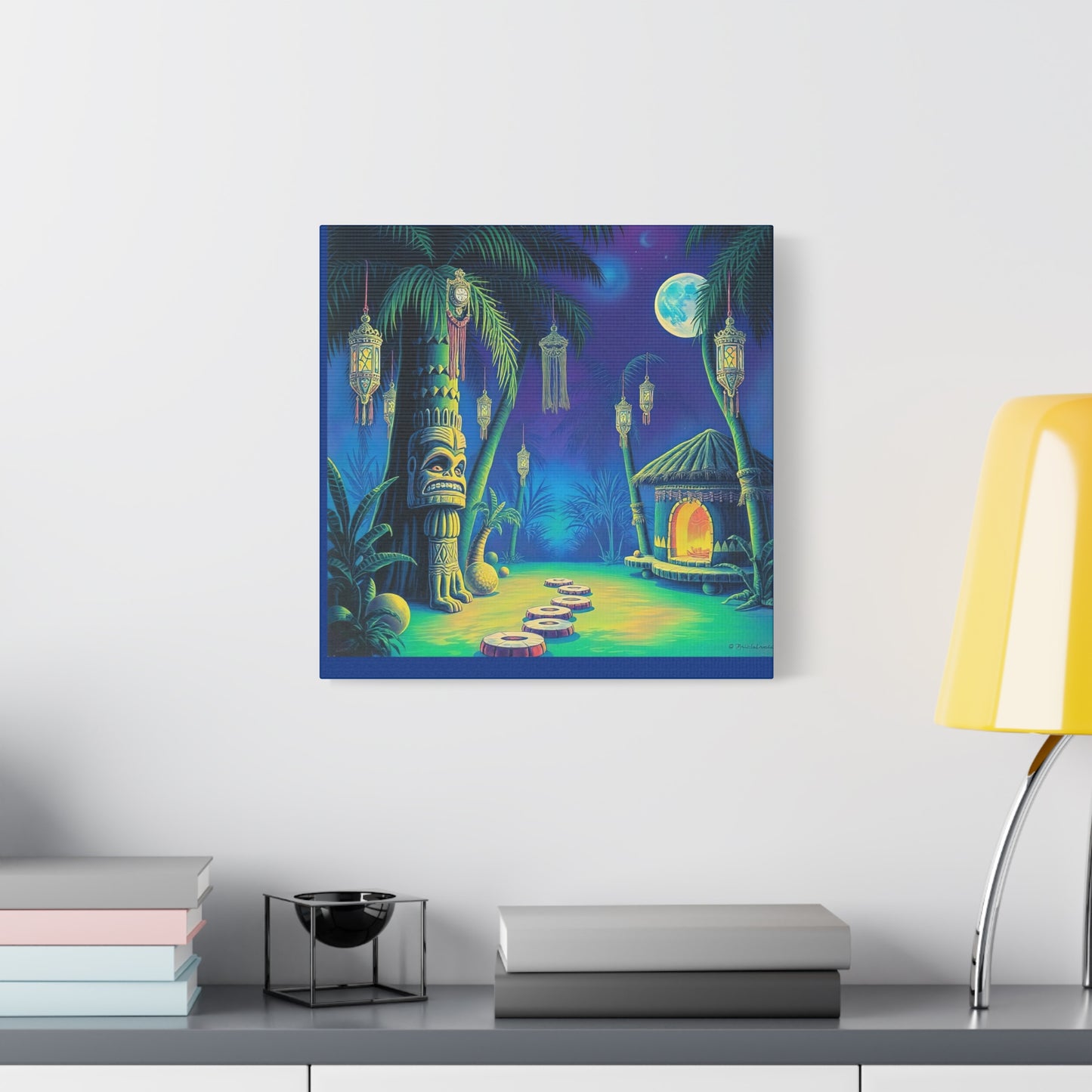 Canvas Print, Tiki Village Night Scene Wall Art, Whimsical Style, Home Decor, Gift, Tropical Artwork
