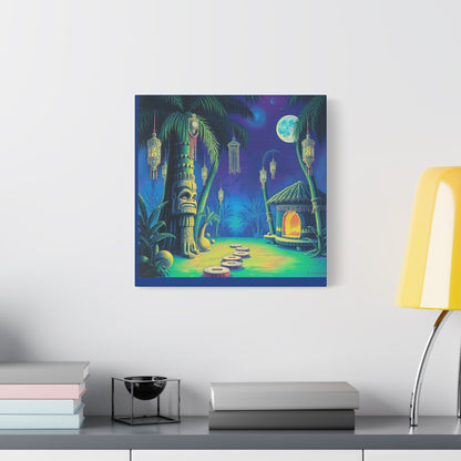 Canvas Print, Tiki Village Night Scene Wall Art, Whimsical Style, Home Decor, Gift, Tropical Artwork