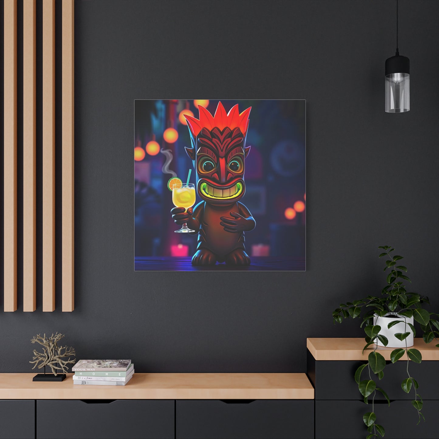 Canvas Print, Exotic Tiki Location with Tiki Drink, Tiki Statue, Nighttime Scene, Wall Art, Home Decor, Tropical Decor