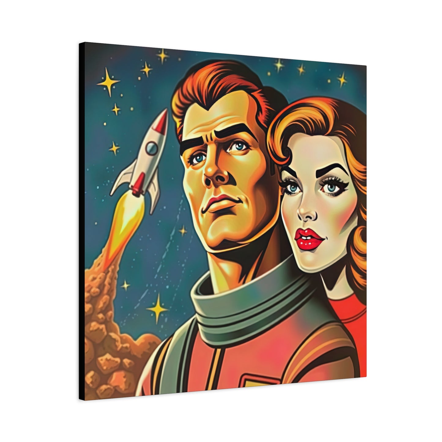 Canvas Wall Art, Retro Sci-Fi Space Commander & Princess, Pulp Magazine 1940s 1950s Decor, Matte Stretched Print, Astronomy Gift, Nerd Home