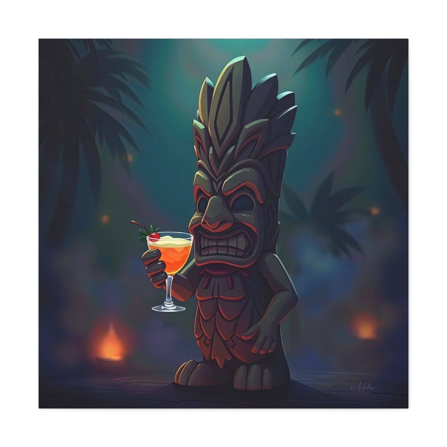 Canvas Print, Tiki Statue Holding Exotic Drink Tropical Night Scene, Wall Art Decor, Beach House Decor, Home Office Decoration, Island Vibes
