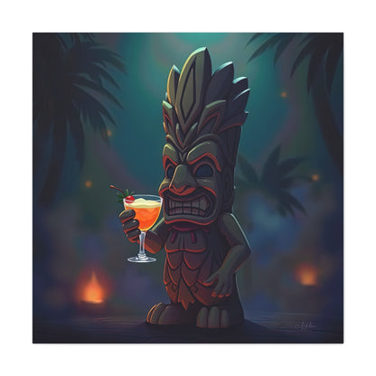 Canvas Print, Tiki Statue Holding Exotic Drink Tropical Night Scene, Wall Art Decor, Beach House Decor, Home Office Decoration, Island Vibes