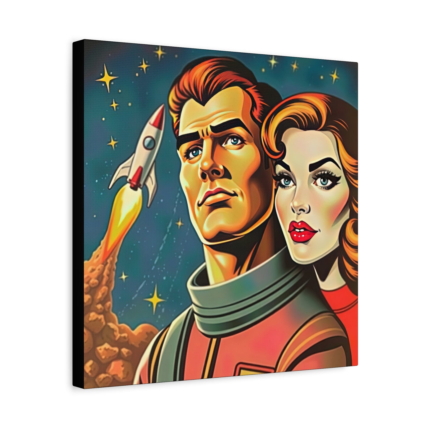 Canvas Wall Art, Retro Sci-Fi Space Commander & Princess, Pulp Magazine 1940s 1950s Decor, Matte Stretched Print, Astronomy Gift, Nerd Home