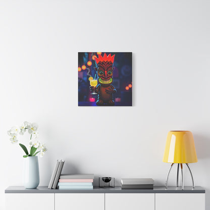 Canvas Print, Exotic Tiki Location with Tiki Drink, Tiki Statue, Nighttime Scene, Wall Art, Home Decor, Tropical Decor