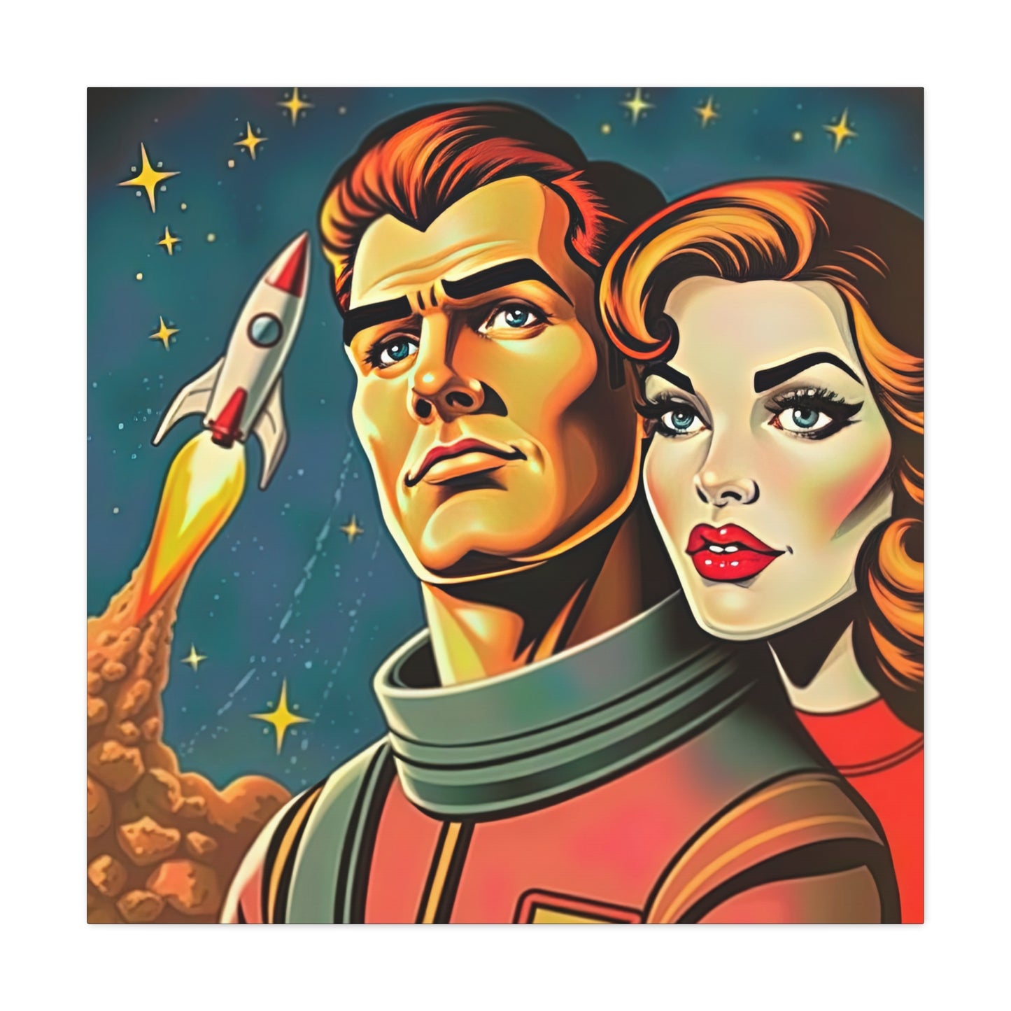 Canvas Wall Art, Retro Sci-Fi Space Commander & Princess, Pulp Magazine 1940s 1950s Decor, Matte Stretched Print, Astronomy Gift, Nerd Home