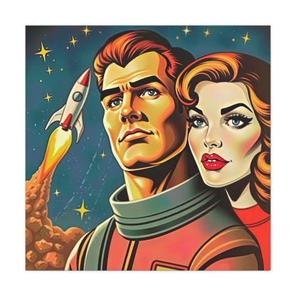 Canvas Wall Art, Retro Sci-Fi Space Commander & Princess, Pulp Magazine 1940s 1950s Decor, Matte Stretched Print, Astronomy Gift, Nerd Home