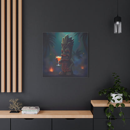 Canvas Print, Tiki Statue Holding Exotic Drink Tropical Night Scene, Wall Art Decor, Beach House Decor, Home Office Decoration, Island Vibes