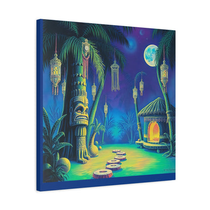 Canvas Print, Tiki Village Night Scene Wall Art, Whimsical Style, Home Decor, Gift, Tropical Artwork