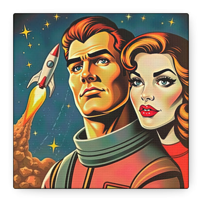Canvas Wall Art, Retro Sci-Fi Space Commander & Princess, Pulp Magazine 1940s 1950s Decor, Matte Stretched Print, Astronomy Gift, Nerd Home