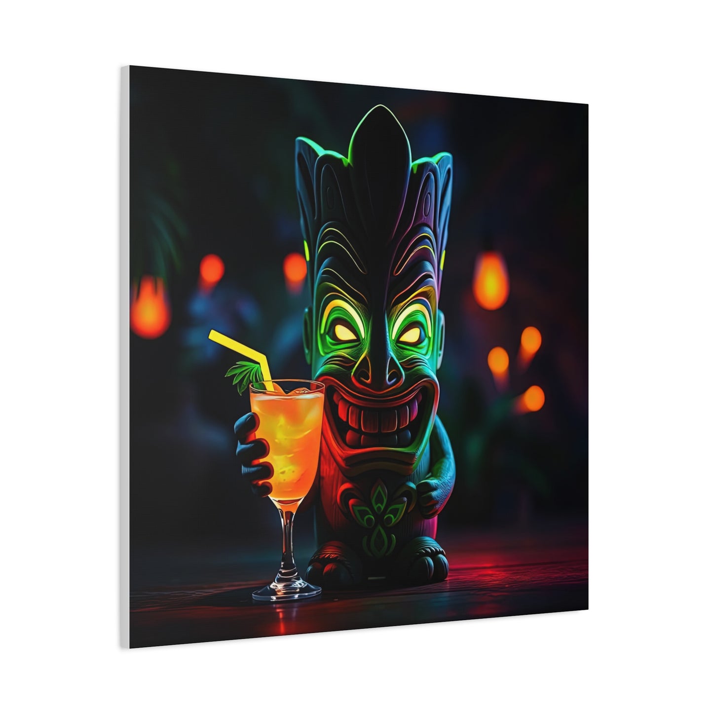 Canvas Print, Tiki Statue Tropical Paradise Wall Art Decor, Exotic Drink, Matte, Stretched, 1 25", Hawaiian Home Decor, Island Vibes,