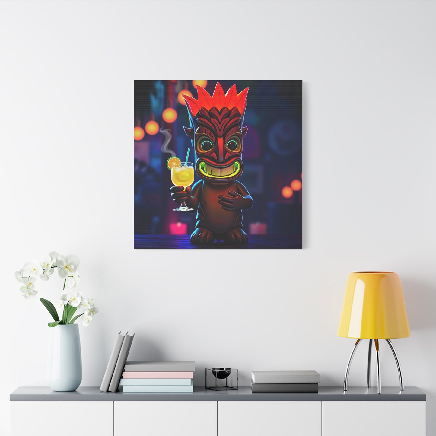 Canvas Print, Exotic Tiki Location with Tiki Drink, Tiki Statue, Nighttime Scene, Wall Art, Home Decor, Tropical Decor