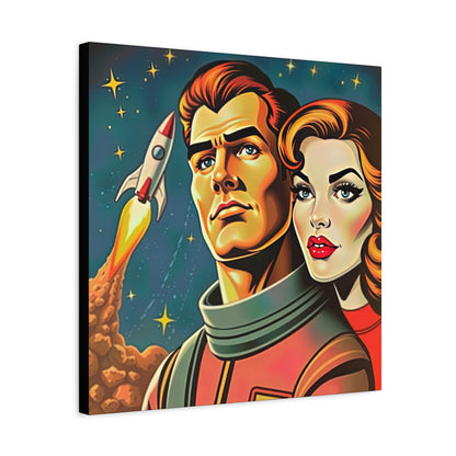 Canvas Wall Art, Retro Sci-Fi Space Commander & Princess, Pulp Magazine 1940s 1950s Decor, Matte Stretched Print, Astronomy Gift, Nerd Home