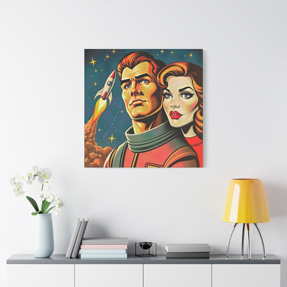 Canvas Wall Art, Retro Sci-Fi Space Commander & Princess, Pulp Magazine 1940s 1950s Decor, Matte Stretched Print, Astronomy Gift, Nerd Home