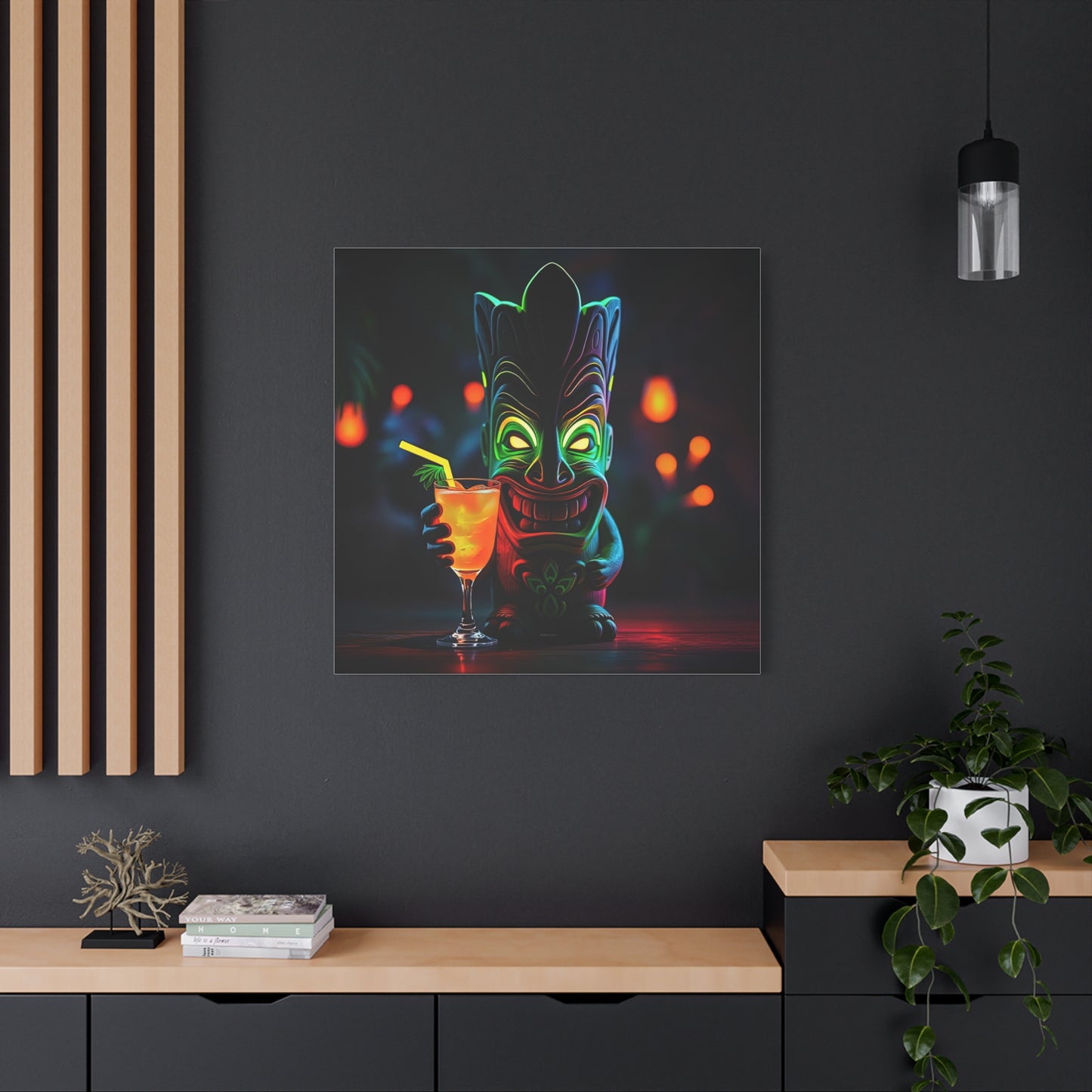 Canvas Print, Tiki Statue Tropical Paradise Wall Art Decor, Exotic Drink, Matte, Stretched, 1 25", Hawaiian Home Decor, Island Vibes,