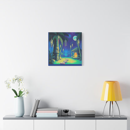 Canvas Print, Tiki Village Night Scene Wall Art, Whimsical Style, Home Decor, Gift, Tropical Artwork