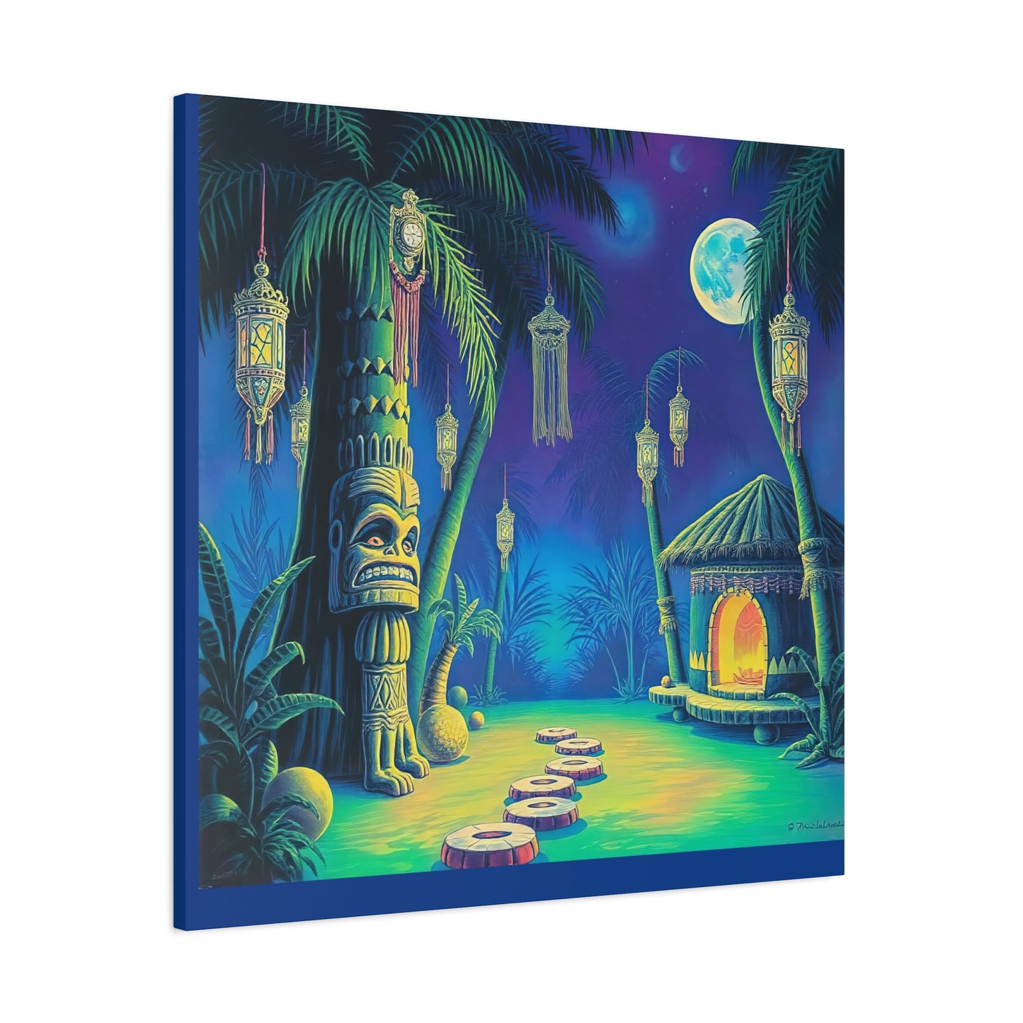 Canvas Print, Tiki Village Night Scene Wall Art, Whimsical Style, Home Decor, Gift, Tropical Artwork