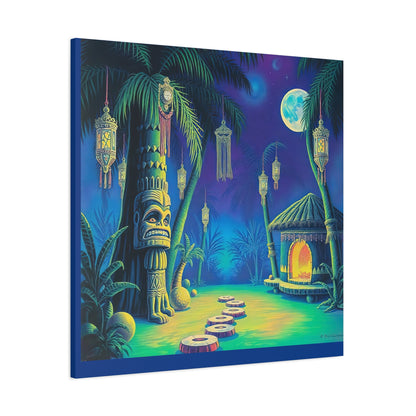 Canvas Print, Tiki Village Night Scene Wall Art, Whimsical Style, Home Decor, Gift, Tropical Artwork