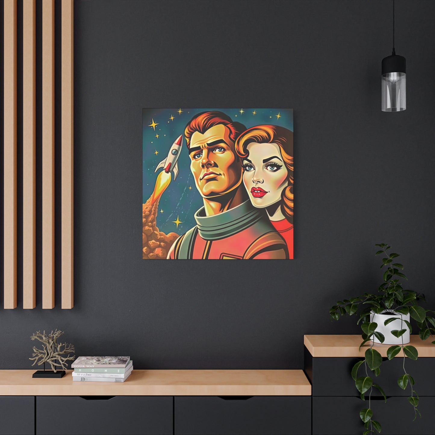 Canvas Wall Art, Retro Sci-Fi Space Commander & Princess, Pulp Magazine 1940s 1950s Decor, Matte Stretched Print, Astronomy Gift, Nerd Home
