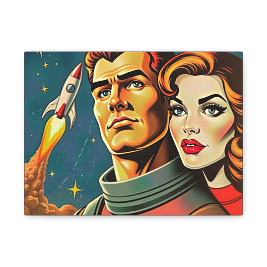 Canvas Wall Art, Retro Sci-Fi Space Commander & Princess, Pulp Magazine 1940s 1950s Decor, Matte Stretched Print, Astronomy Gift, Nerd Home