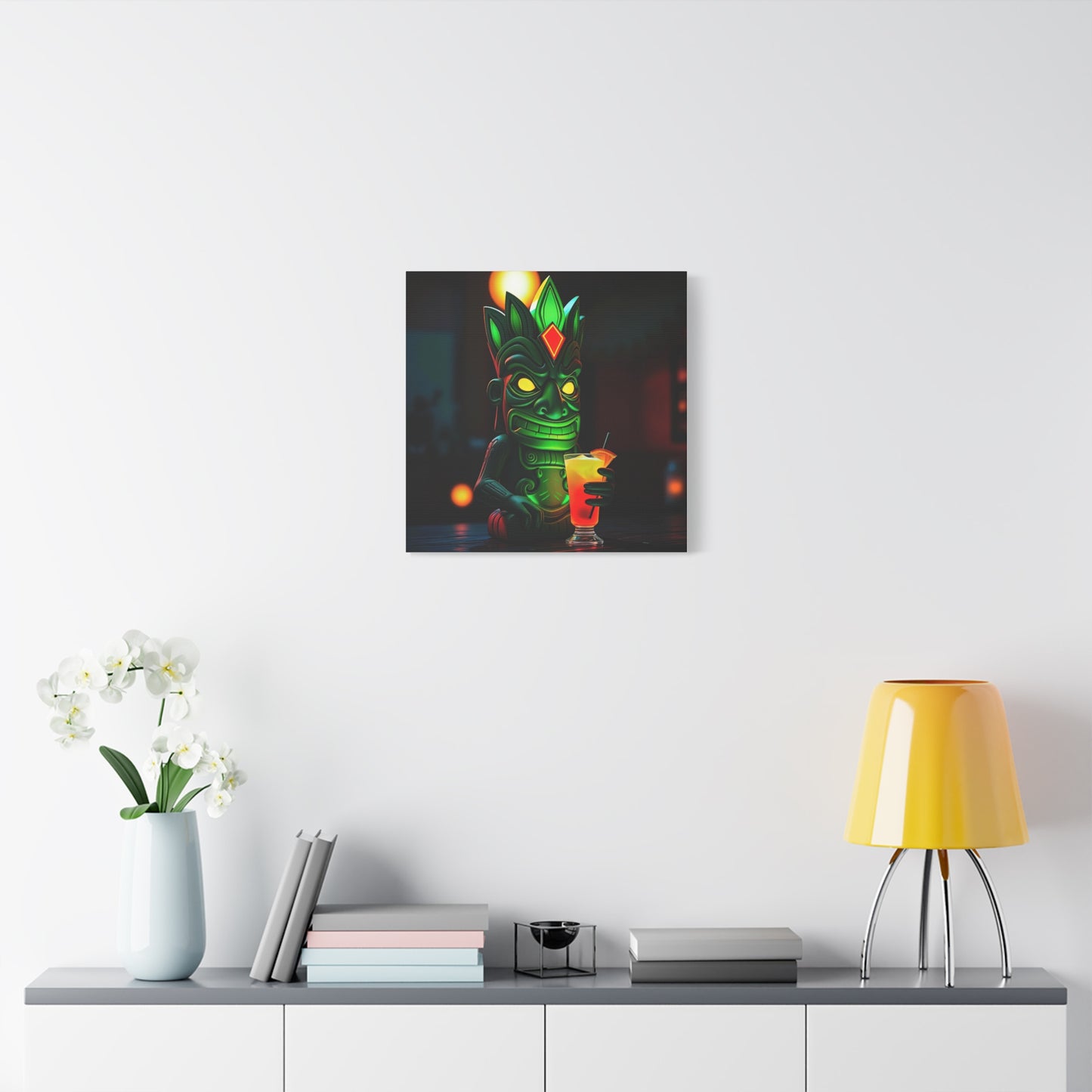 Canvas Print, Exotic Tiki Statue at Night Tropical Paradise Wall Art, Stretched Matte Print, Tiki Drink Decor, Island Vibes Home Decor,