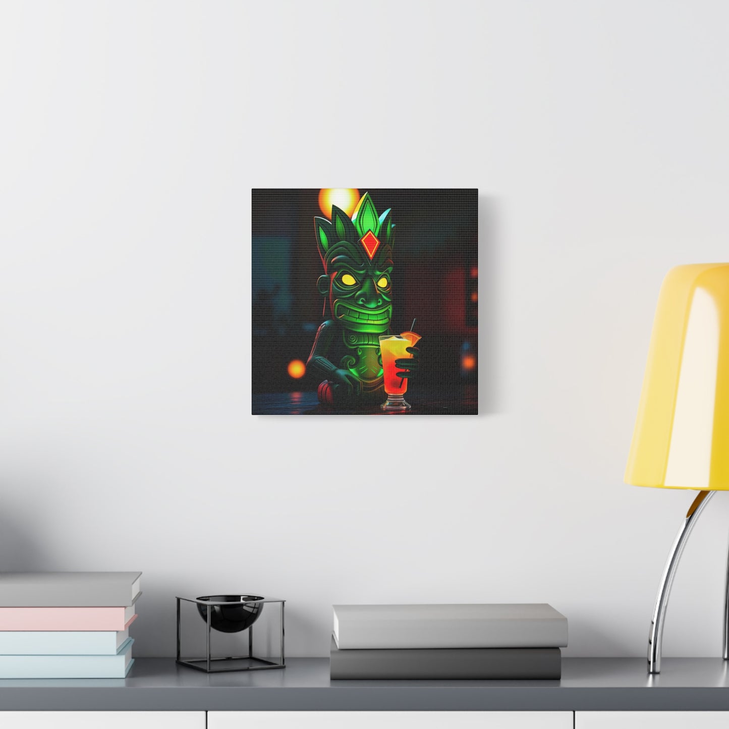 Canvas Print, Exotic Tiki Statue at Night Tropical Paradise Wall Art, Stretched Matte Print, Tiki Drink Decor, Island Vibes Home Decor,