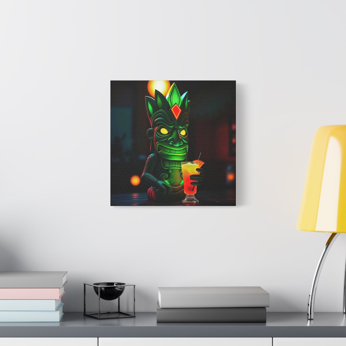 Canvas Print, Exotic Tiki Statue at Night Tropical Paradise Wall Art, Stretched Matte Print, Tiki Drink Decor, Island Vibes Home Decor,