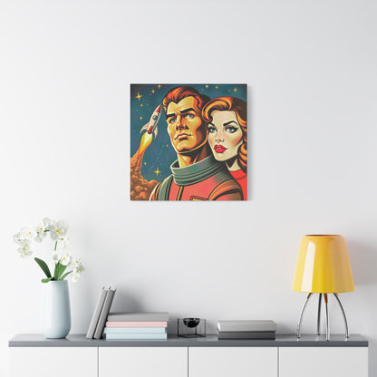 Canvas Wall Art, Retro Sci-Fi Space Commander & Princess, Pulp Magazine 1940s 1950s Decor, Matte Stretched Print, Astronomy Gift, Nerd Home