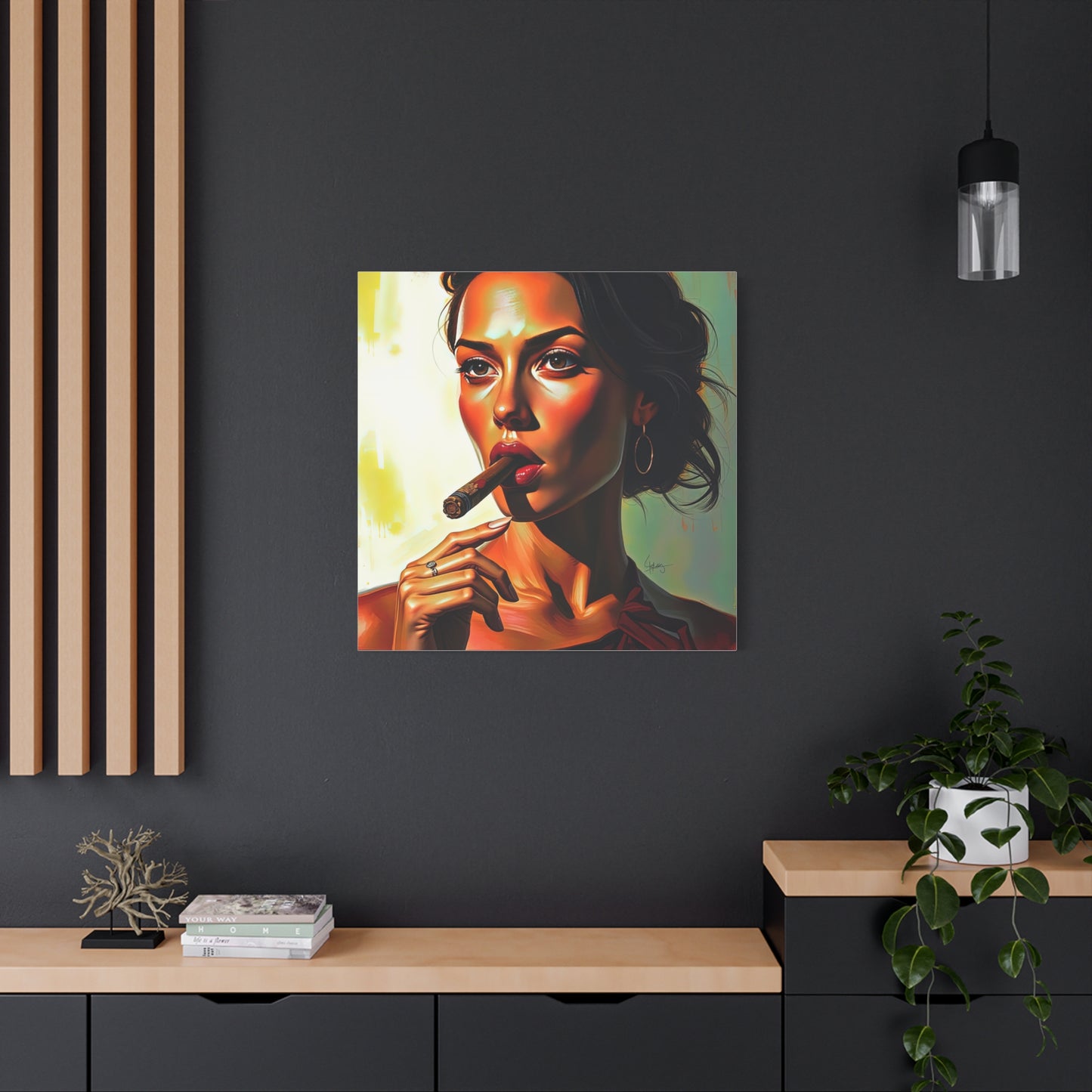 Canvas Wall Art, Pinup Woman Smoking Cigar for Man Cave, Cigar Aficionados, Retro Art Decor, Pinup Art Print, Wall Decor