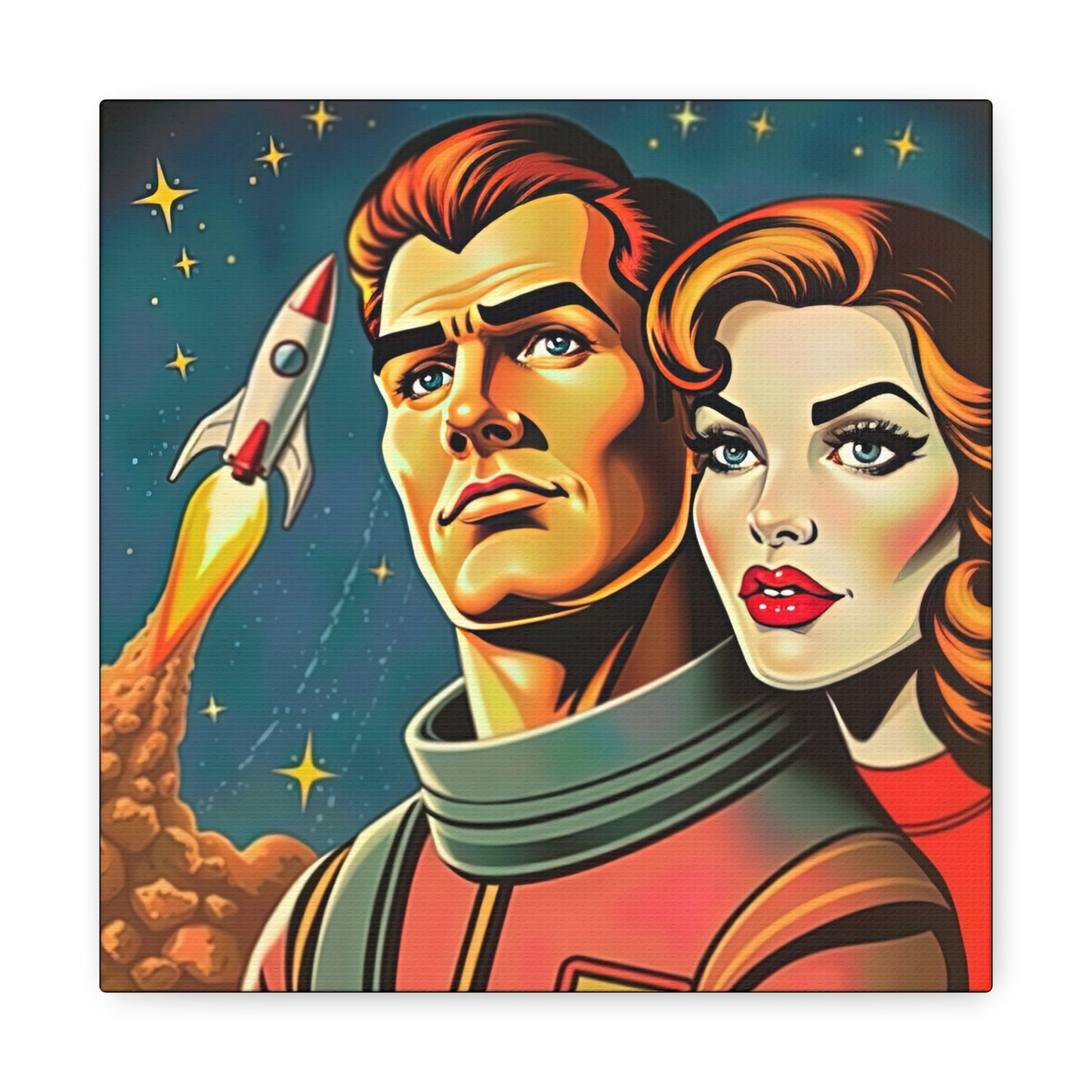 Canvas Wall Art, Retro Sci-Fi Space Commander & Princess, Pulp Magazine 1940s 1950s Decor, Matte Stretched Print, Astronomy Gift, Nerd Home